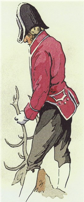 Valet de chiens à pied de l'Equipage du Prince de Condé (1825) par Ch.-J. Hallo - Tiré de l'ouvrage De La Cape à la Botte (1951)
